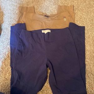 skinny work pants, tan and navy